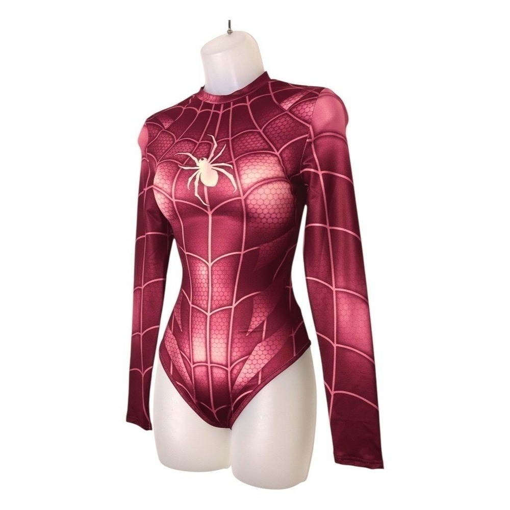 New Medium Magenta Spider Web Long‎ Sleeve Bodysuit Spiderman Superhero Costume